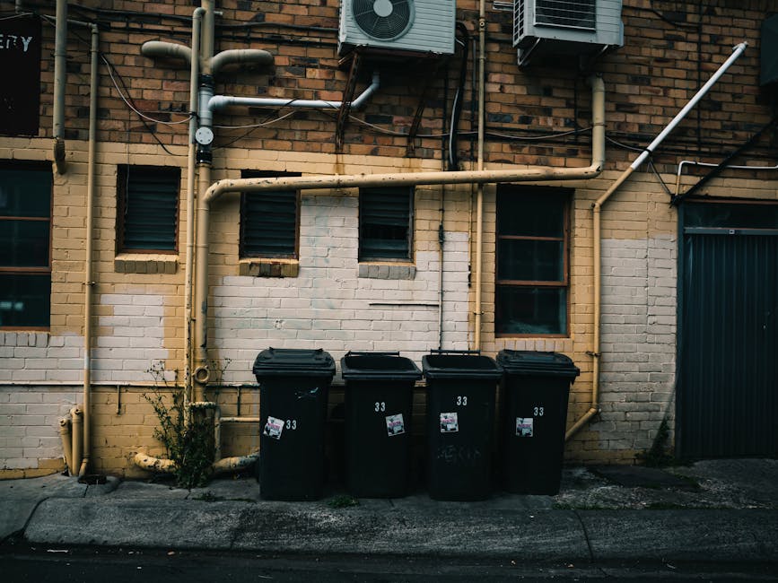 Four black wheeled rubbish bins numbered 33 are lined up along a concrete pavement directly in front of a brick building wall. The wall features a combination of cream and light brown bricks, with thr