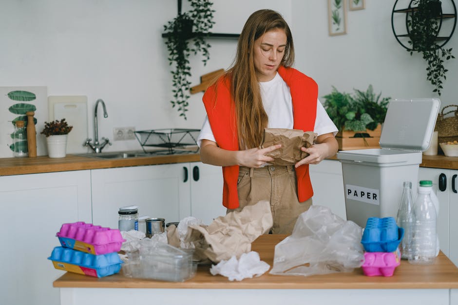 A young woman with long brown hair, wearing a white t-shirt and a red sleeveless jacket, is standing at a kitchen countertop surrounded by various waste items including crumpled brown paper bags, used